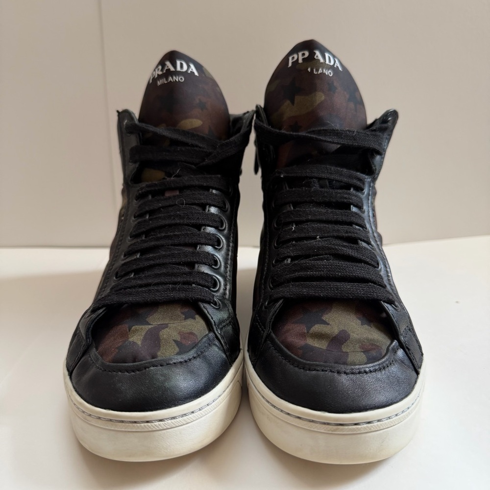 PRADA High Top Sneakers Women EU 37.5 Black Leather Camo Nylon Side Zip Logo